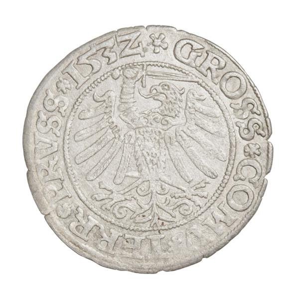 Prussian grosz, Sigismund I the Old (King of Poland; 1506–1548). Obverse: Crowned male bust in