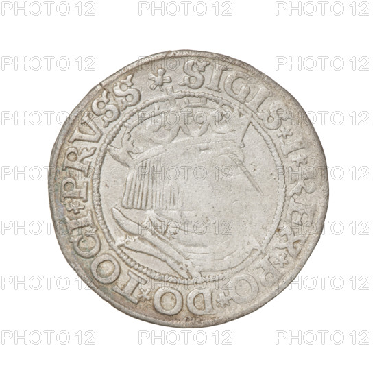Prussian grosz, Sigismund I the Old (King of Poland; 1506–1548). Obverse: Crowned male bust in