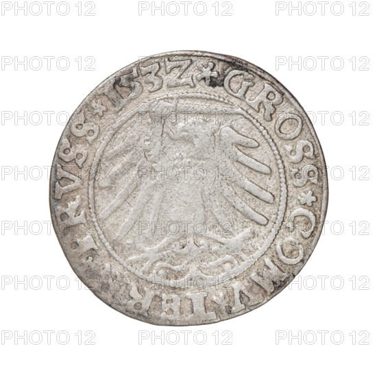 Prussian grosz, Sigismund I the Old (King of Poland; 1506–1548); silver coin, 1532. Obverse: