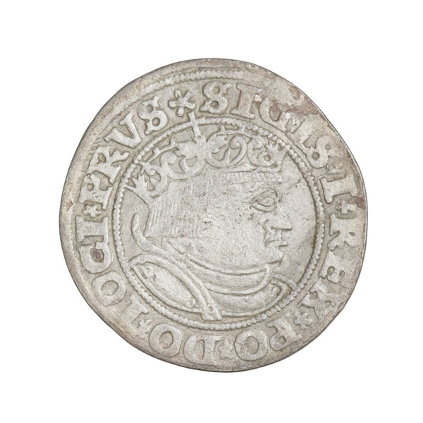 Prussian grosz, Sigismund I the Old (King of Poland; 1506–1548). Obverse: Crowned male bust in