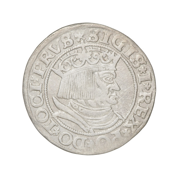 Prussian grosz, Sigismund I the Old (King of Poland; 1506–1548). Obverse: Crowned male bust in