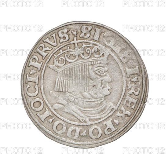 Prussian grosz, Sigismund I the Old (King of Poland; 1506–1548); obverse: crowned male bust in