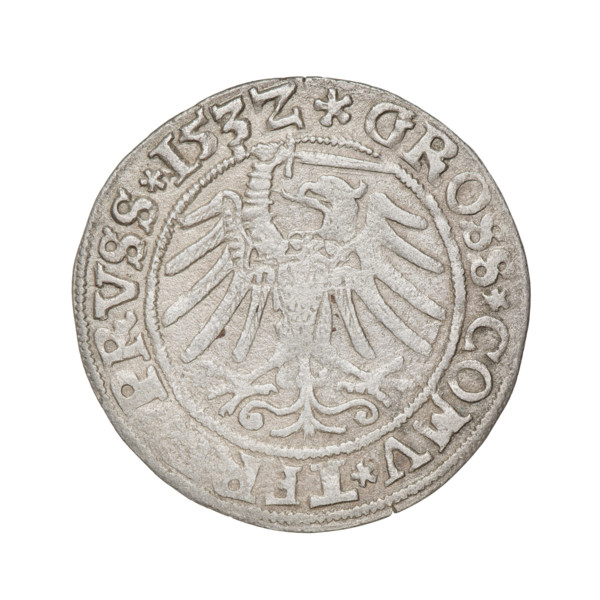 Prussian grosz, Sigismund I the Old (King of Poland; 1506–1548); obverse: crowned male bust in