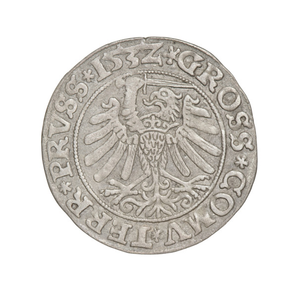 Prussian grosz, Sigismund I the Old (King of Poland; 1506–1548); 1532; Torun, Poland. Obverse: