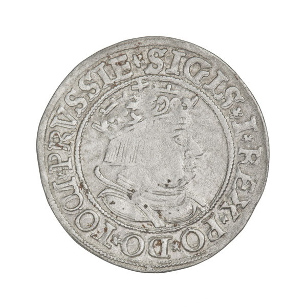 Prussian grosz, Sigismund I the Old (King of Poland; 1506–1548). Obverse: Crowned male bust in