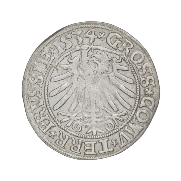 Prussian grosz, Sigismund I the Old (King of Poland; 1506–1548). Obverse: Crowned male bust in