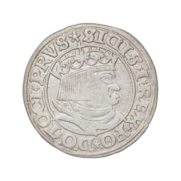 Prussian grosz, Sigismund I the Old (King of Poland; 1506–1548). Obverse: Crowned male bust in
