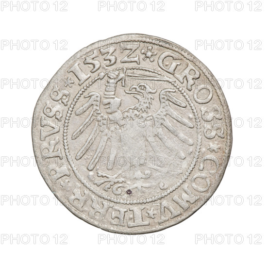 Prussian grosz, Sigismund I the Old (King of Poland; 1506–1548). Obverse: Crowned male bust in