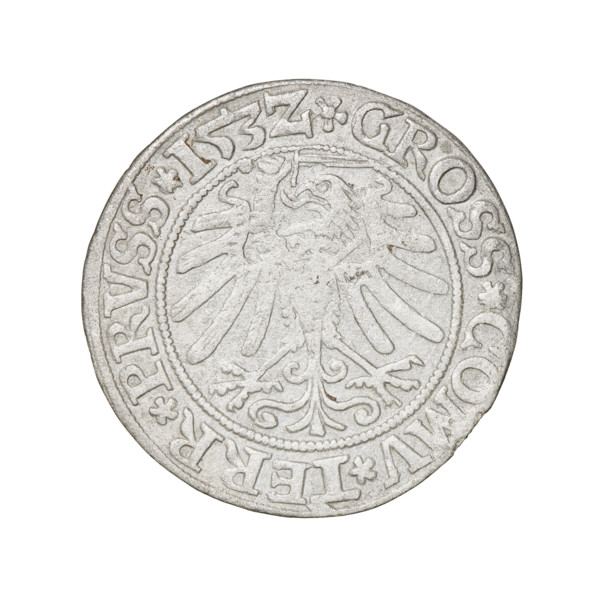 Prussian grosz, Sigismund I the Old (King of Poland; 1506–1548). Obverse: Crowned male bust in