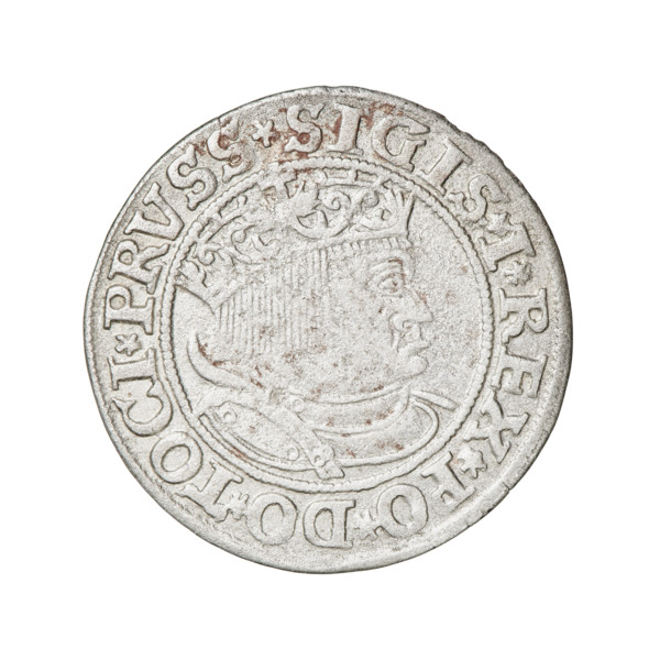 Prussian grosz, Sigismund I the Old (King of Poland; 1506–1548). Obverse: Crowned male bust in