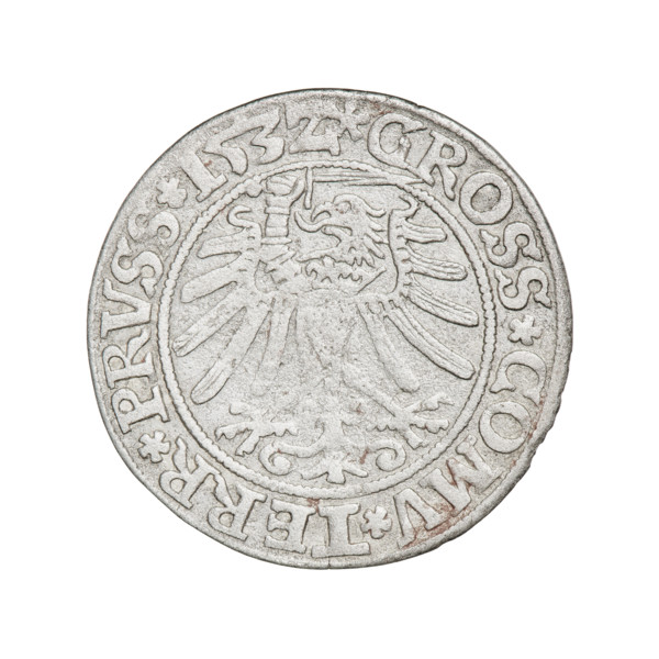 Prussian grosz, Sigismund I the Old (King of Poland; 1506–1548). Obverse: Crowned male bust in