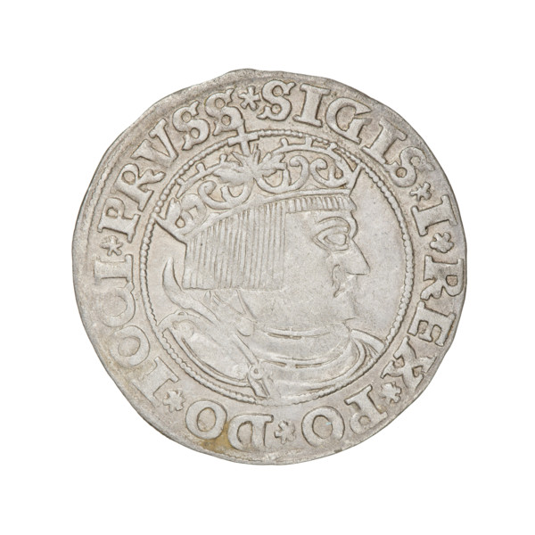 Prussian grosz, Sigismund I the Old (King of Poland; 1506–1548). Obverse: Crowned male bust in