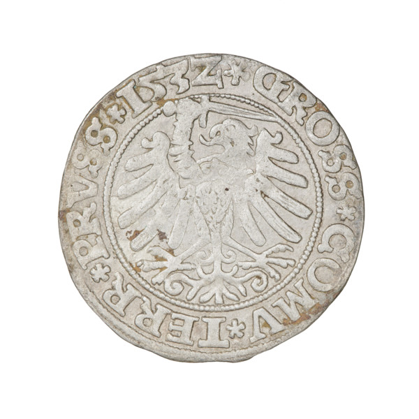 Prussian grosz, Sigismund I the Old (King of Poland; 1506–1548). Obverse: Crowned male bust in