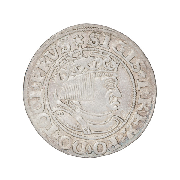 Prussian grosz, Sigismund I the Old (King of Poland; 1506–1548). Obverse: Crowned male bust in
