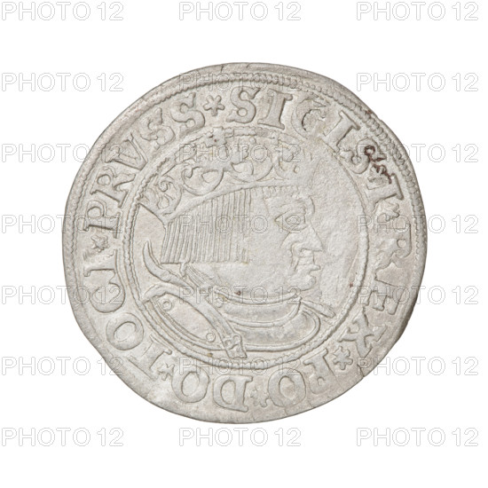 Prussian grosz, Sigismund I the Old (King of Poland; 1506–1548). Obverse: Crowned male bust in