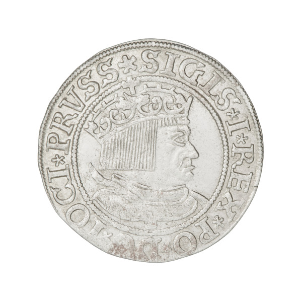 Prussian grosz, Sigismund I the Old (King of Poland; 1506–1548). Obverse: Crowned male bust in