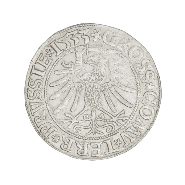 Prussian grosz, Sigismund I the Old (King of Poland; 1506–1548). Obverse: Crowned male bust in