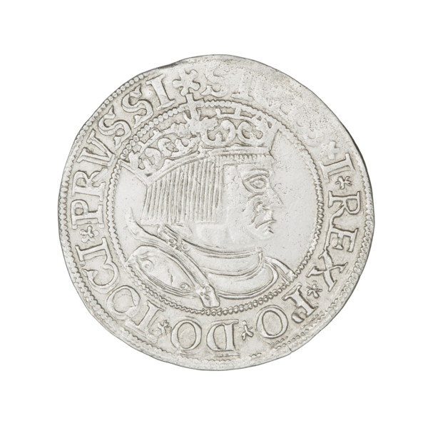 Prussian grosz, Sigismund I the Old (King of Poland; 1506–1548). Obverse: crowned male bust in