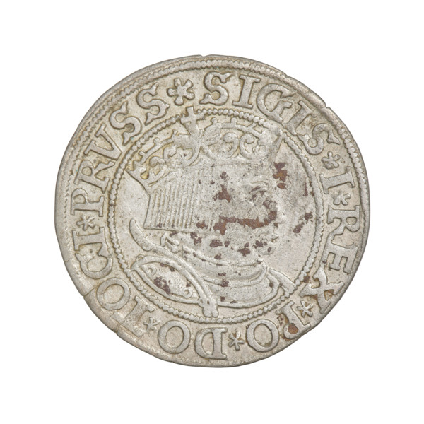Prussian grosz, Sigismund I the Old (King of Poland; 1506–1548); obverse: crowned male bust in