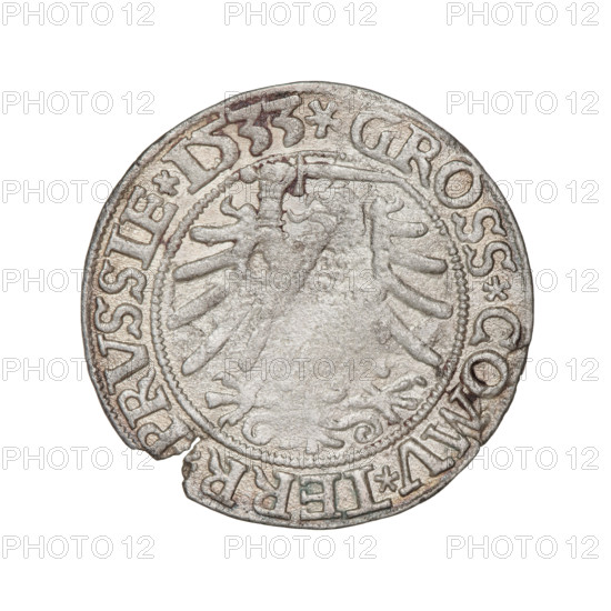 Prussian grosz, Sigismund I the Old (King of Poland; 1506–1548). Obverse: Crowned male bust in