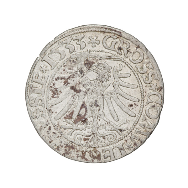 Prussian grosz, Sigismund I the Old (King of Poland; 1506–1548). Obverse: Crowned male bust in