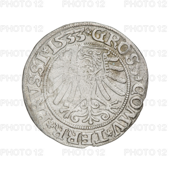 Prussian grosz, Sigismund I the Old (King of Poland; 1506–1548). Obverse: Crowned male bust in