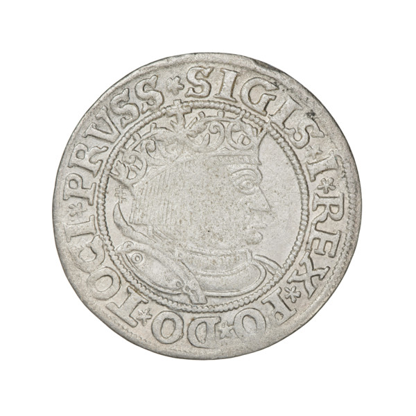 Prussian grosz, Sigismund I the Old (King of Poland; 1506–1548). Obverse: Crowned male bust in