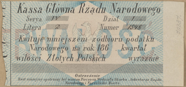 National tax receipt from the Main Cash Register of the National Government: bearer receipt, series