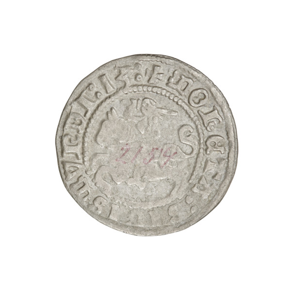 Lithuanian half-grosz, Sigismund I the Old (king of Poland; 1506–1548). R6 (rarity). Obverse: Pogon
