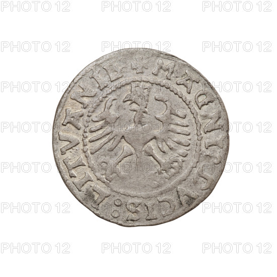 Lithuanian half-grosz, Sigismund I the Old (King of Poland; 1506–1548). Obverse: Pogon (Lithuanian