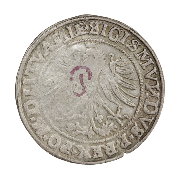 Lithuanian grosz, Sigismund I the Old (King of Poland; 1506–1548). Obverse: Polish crowned eagle;