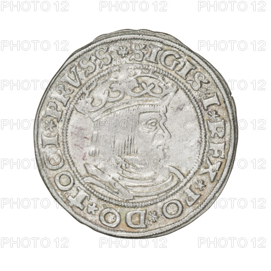Prussian grosz, Sigismund I the Old (King of Poland; 1506–1548). Obverse: Crowned male bust in