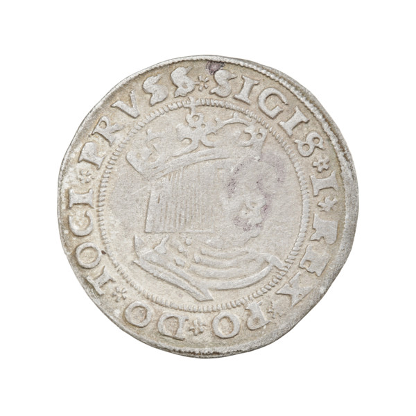 Prussian grosz, Sigismund I the Old (King of Poland; 1506–1548). Obverse: Crowned male bust in