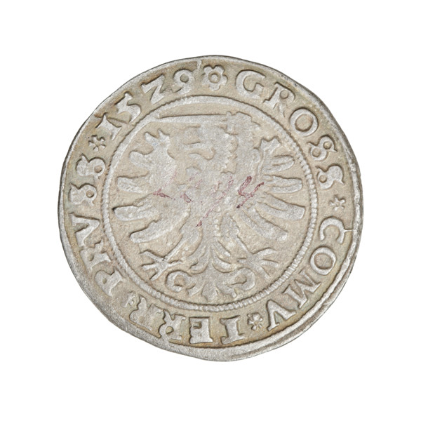 Prussian grosz, Sigismund I the Old (King of Poland; 1506–1548). Obverse: Crowned male bust in