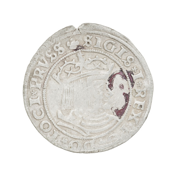 Prussian grosz, Sigismund I the Old (King of Poland; 1506–1548). R8 (rarity). Obverse: Crowned male