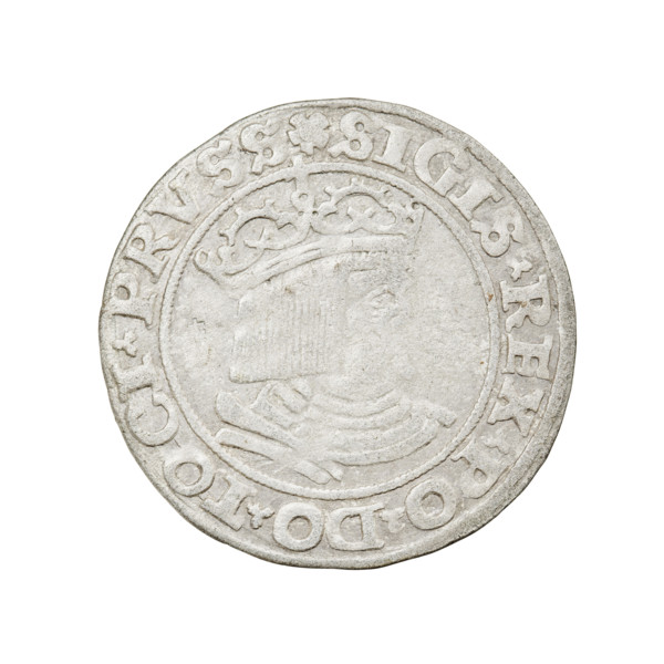 Prussian grosz, Sigismund I the Old (King of Poland; 1506–1548). Obverse: Crowned male bust in