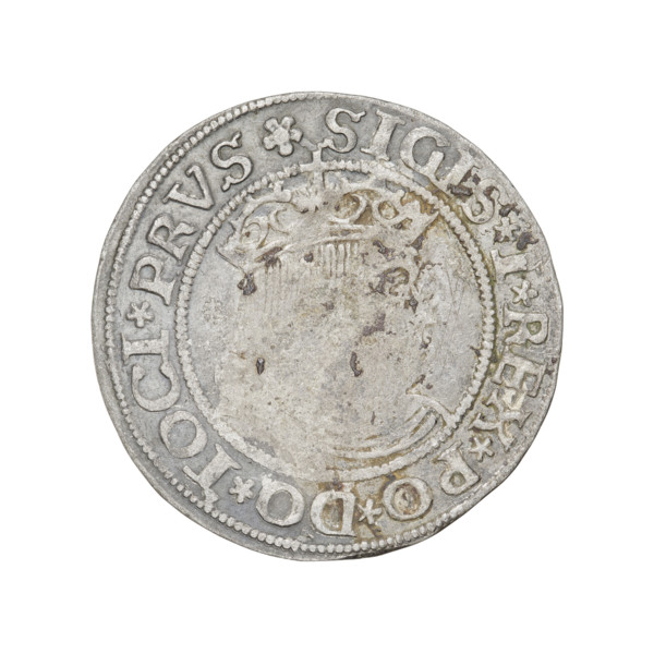 Prussian grosz, Sigismund I the Old (King of Poland; 1506–1548). Obverse: Crowned male bust in