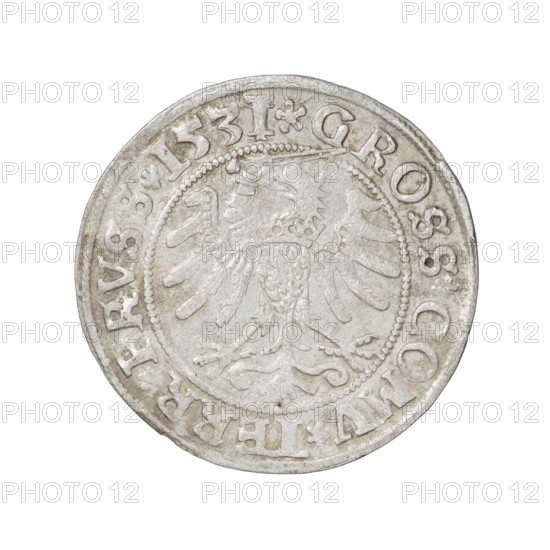 Prussian grosz, Sigismund I the Old (King of Poland; 1506–1548). Obverse: Crowned male bust in
