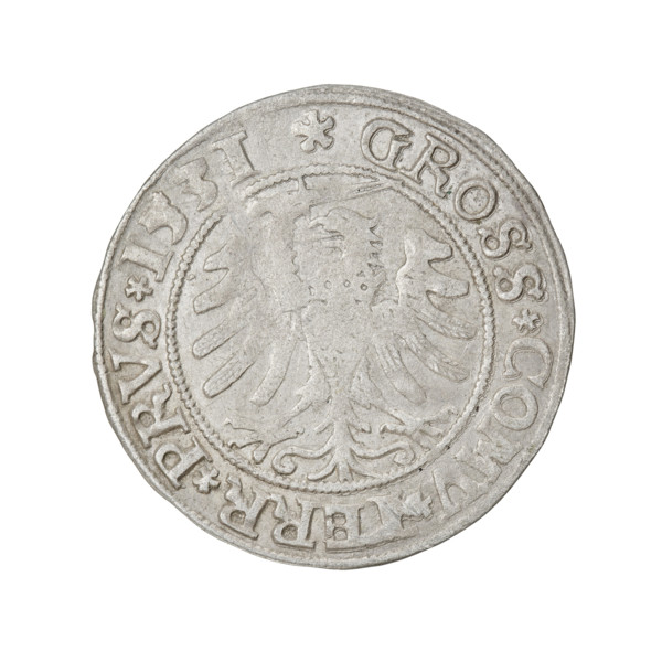 Prussian grosz, Sigismund I the Old (King of Poland; 1506–1548). Obverse: Crowned male bust in