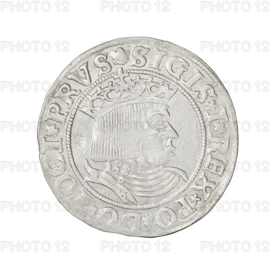 Prussian grosz, Sigismund I the Old (King of Poland; 1506–1548). Obverse: Crowned male bust in