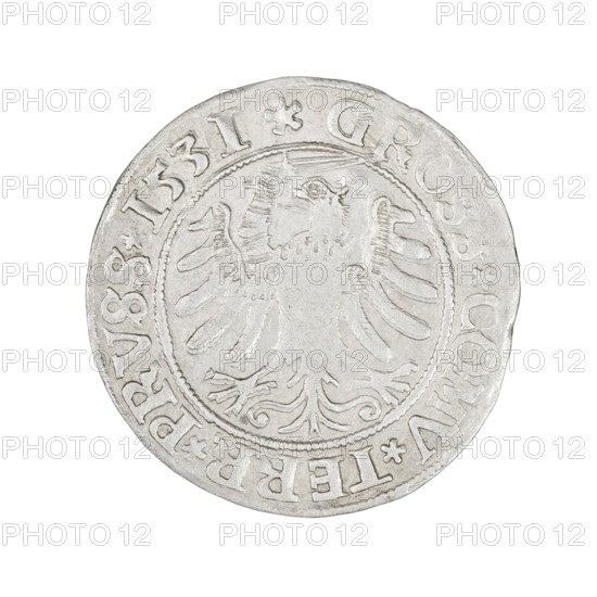 Prussian grosz, Sigismund I the Old (King of Poland; 1506–1548). Obverse: Crowned male bust in