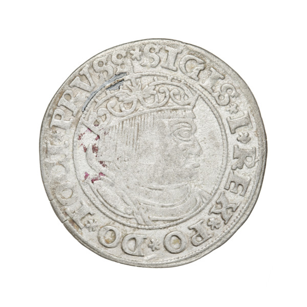 Prussian grosz, Sigismund I the Old (King of Poland; 1506–1548). Obverse: Crowned male bust in