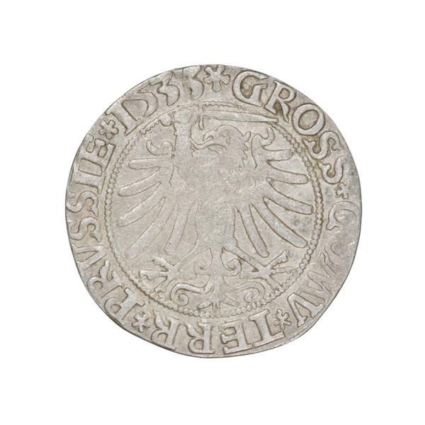 Prussian grosz, Sigismund I the Old (King of Poland; 1506–1548). Obverse: Crowned male bust in