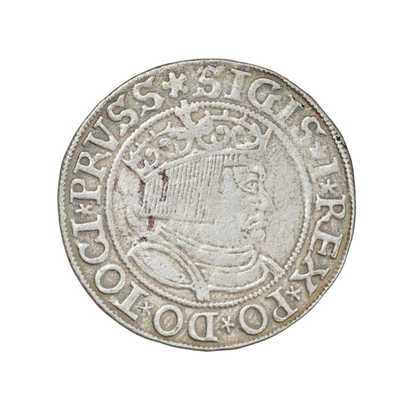 Prussian grosz, Sigismund I the Old (King of Poland; 1506–1548). Rarity R8. Obverse: Crowned male