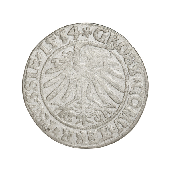 Prussian grosz, Sigismund I the Old (King of Poland; 1506–1548). Obverse: Crowned male bust in