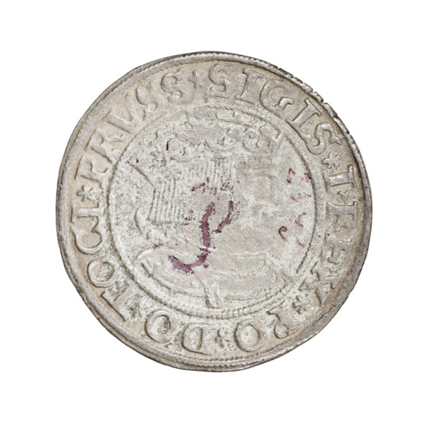 Prussian grosz, Sigismund I the Old (King of Poland; 1506–1548). Obverse: Crowned male bust in