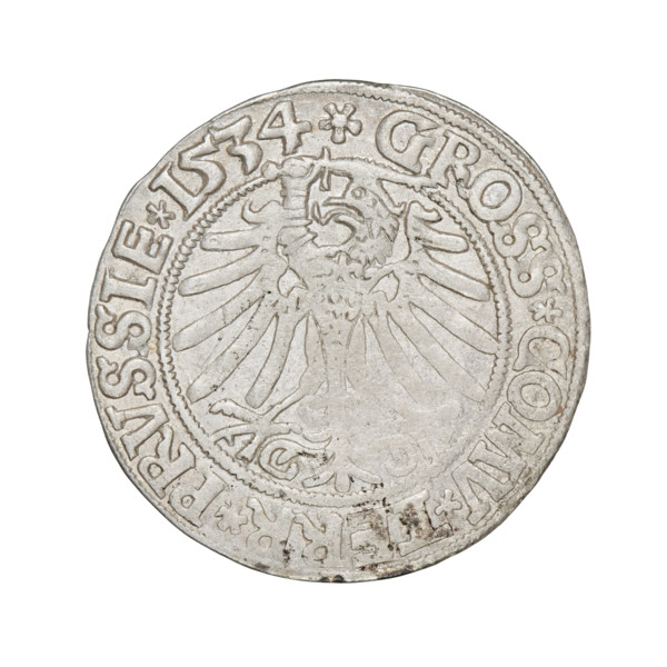 Prussian grosz, Sigismund I the Old (King of Poland; 1506–1548). Obverse: Crowned male bust in