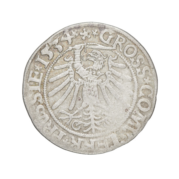 Prussian grosz, Sigismund I the Old (King of Poland; 1506–1548). Obverse: Crowned male bust in