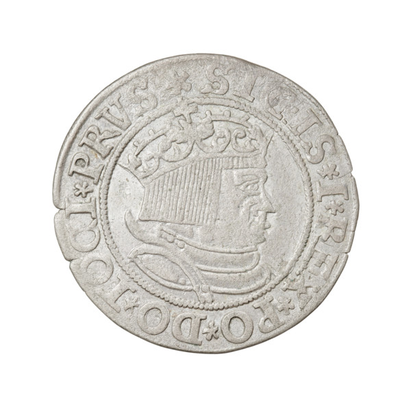 Prussian grosz, Sigismund I the Old (King of Poland; 1506–1548). Obverse: Crowned male bust in