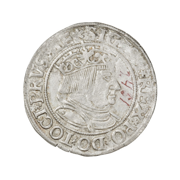 Prussian grosz, Sigismund I the Old (King of Poland; 1506–1548). Obverse: Crowned male bust in